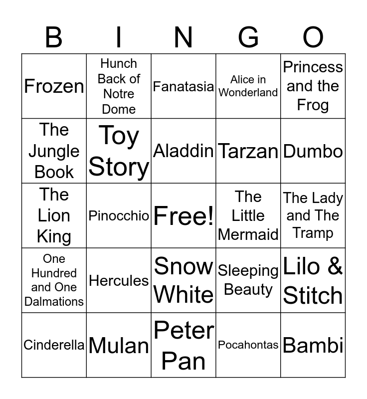 Disney Movies Bingo Card