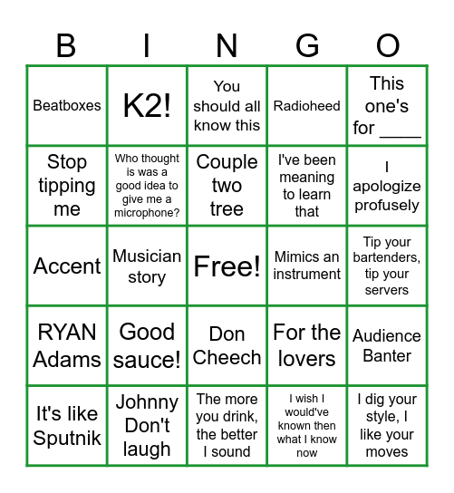 Johnny Don't! Bingo Card