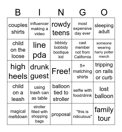 Disneyland Bingo Card