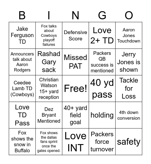 Packers suck Bingo Card