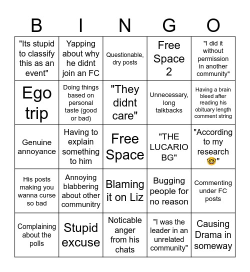 Liam Bingo Card FC Bingo Card