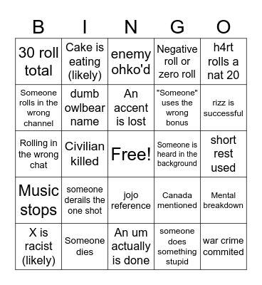 One Shot Bingo Card