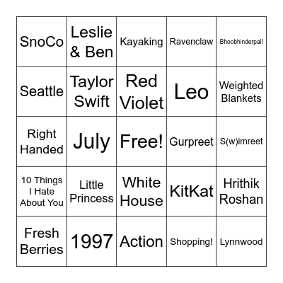 All About Simreet! Bingo Card