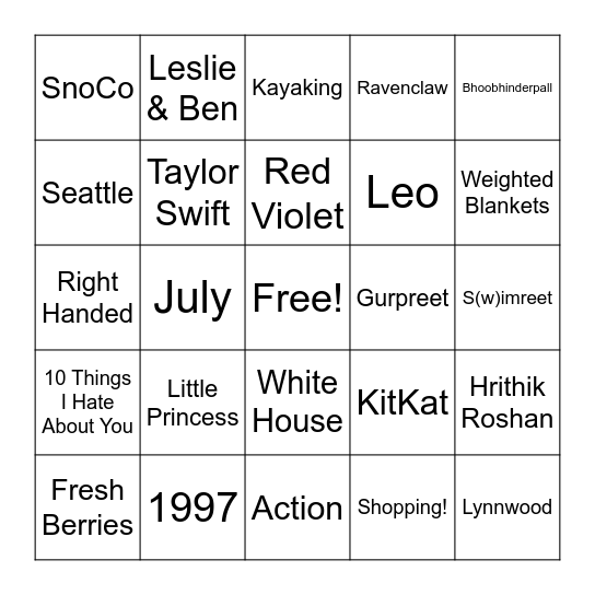 All About Simreet! Bingo Card