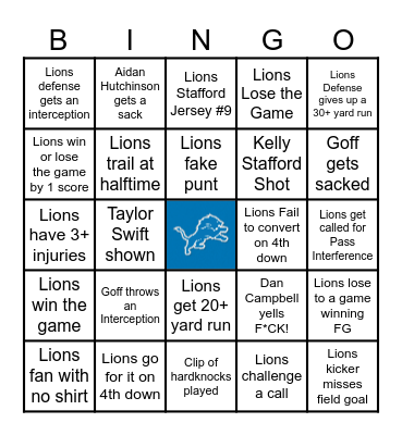 Detroit Lions Bingo Card