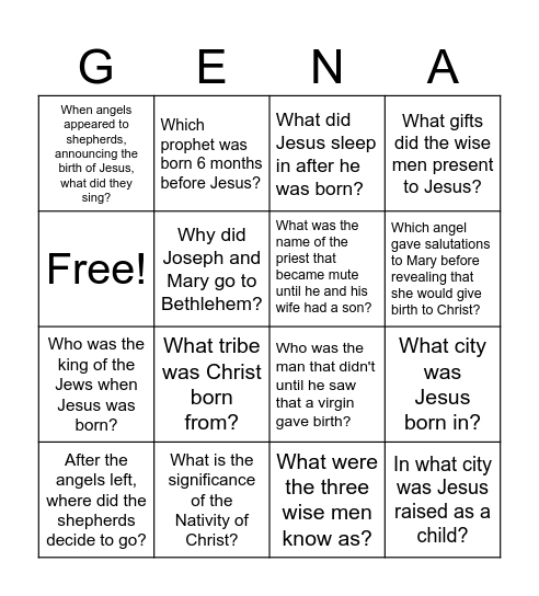 Gena Celebration Bingo Card