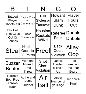 Houston Texans Grille- Rockets vs Warriors Bingo Card