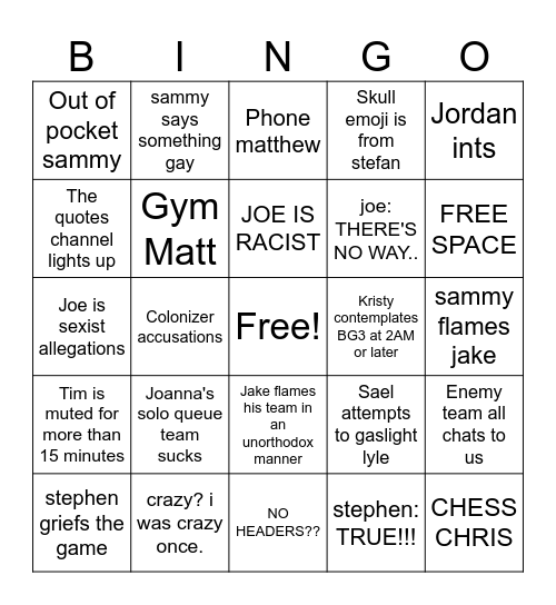 JOEHEAD BINGO BOARD Bingo Card