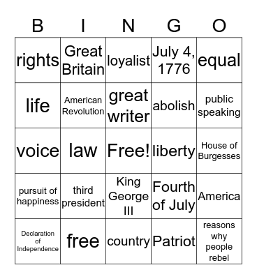 Thomas Jefferson Bingo Card