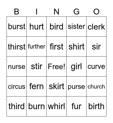 /er/ er, ir, ur Bingo Card