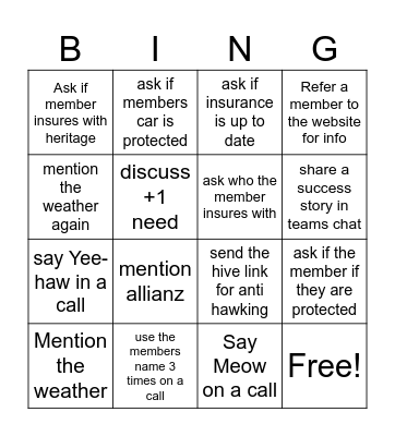 Insurance Bingo Card