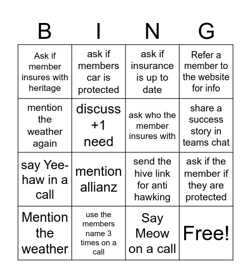 Insurance Bingo Card