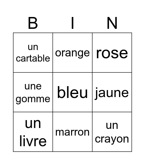 couleurs + fournitures scolaires Bingo Card