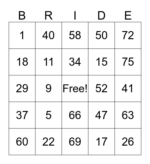 Jaci's Bridal Shower Bingo Card