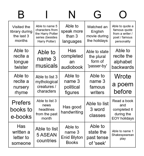 ELA Bingo Card