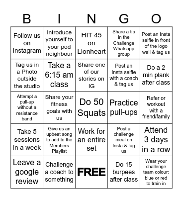 F45 Regent park Challenge Bingo Card