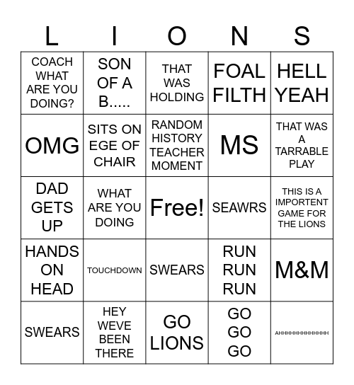 LIONS Bingo Card