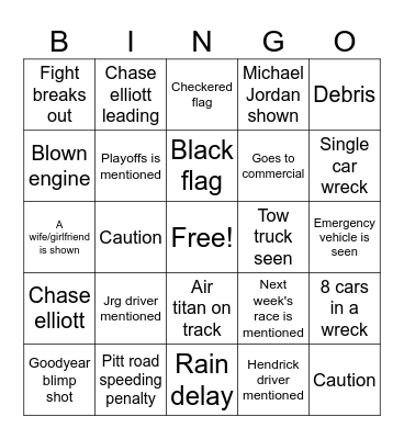 Nascar bingo Card