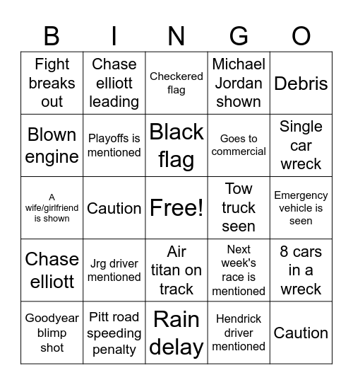 Nascar bingo Card