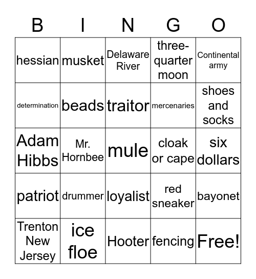 George Washington's Socks Bingo Card