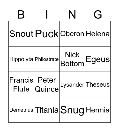 Midsummer's Night Dream Bingo Card
