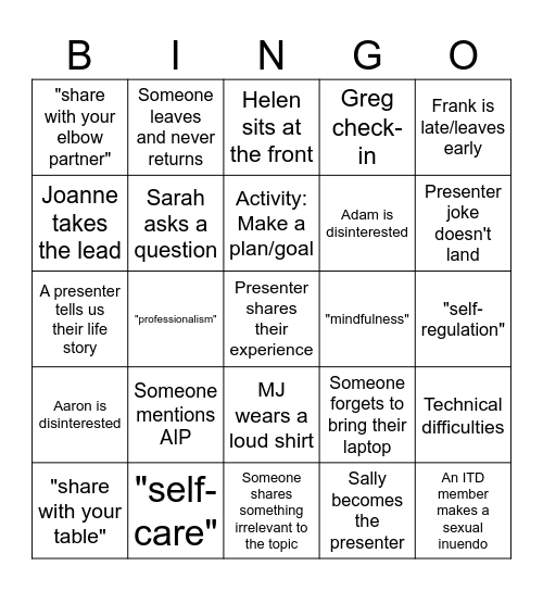Wellbeing SFD Bingo Card