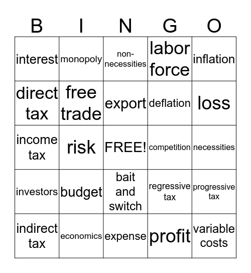 Economic Terms Bingo Card