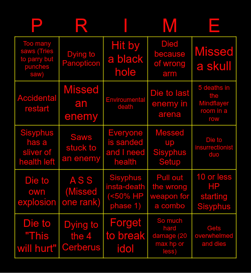 Ultrakill P-2 Bingo Challenge Bingo Card