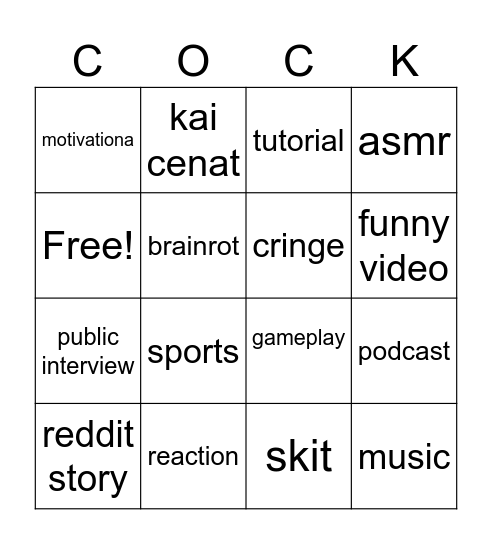 YT SHORTS BINGO Card