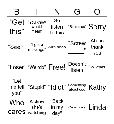 Mom Bingo Card