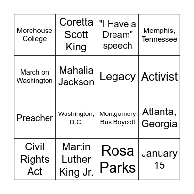 Martin Luther King Jr. Bingo Card
