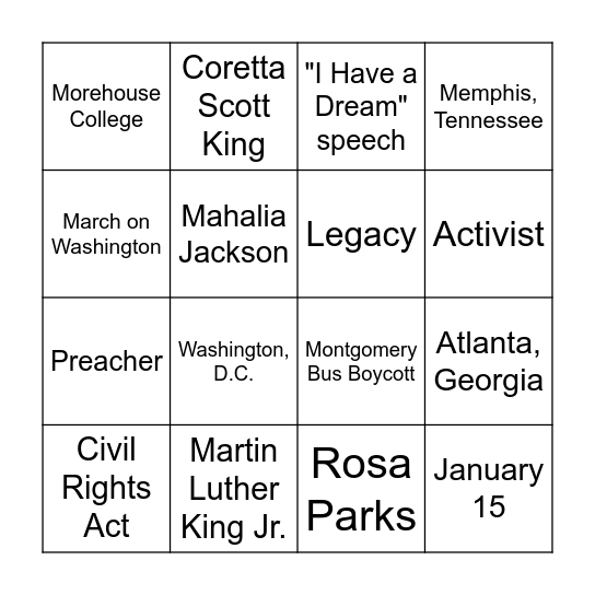 Martin Luther King Jr. Bingo Card