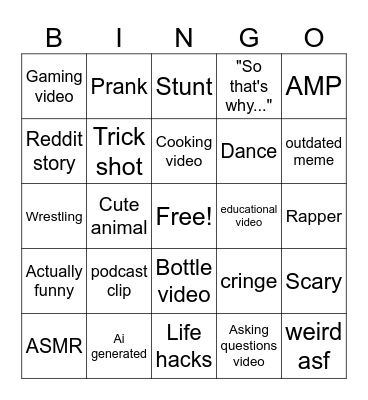 Youtube shorts Bingo Card