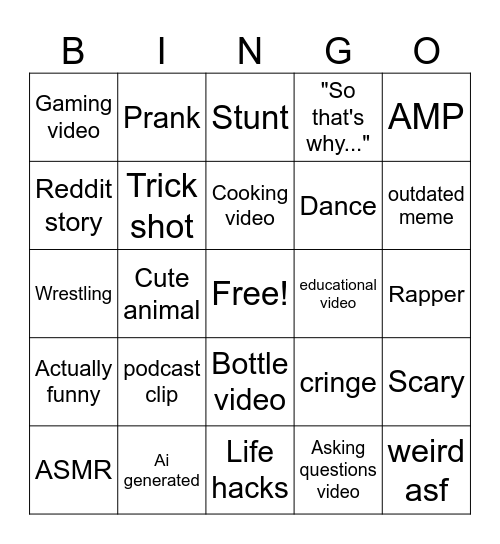 Youtube shorts Bingo Card