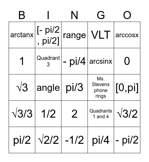 Inverse Trig Bingo Card