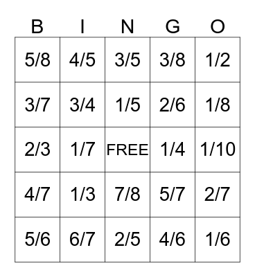 Fraction Bingo Card