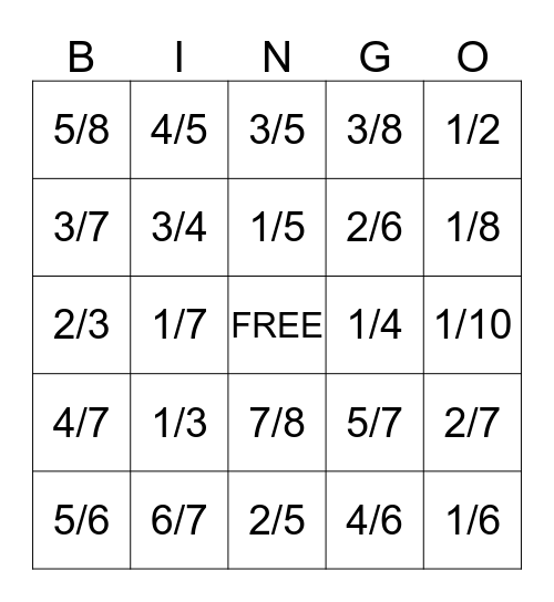 Fraction Bingo Card