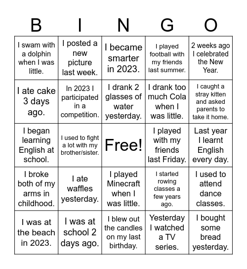 Past Simple - True or False Bingo Card