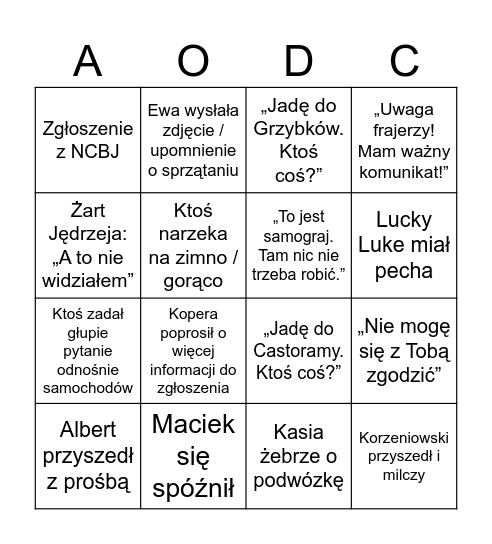 Bingo Działu Serwisu Bingo Card