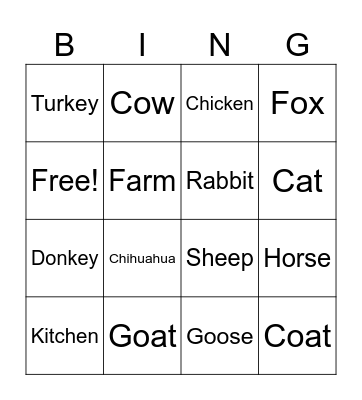 Farm Animal BING Bingo Card