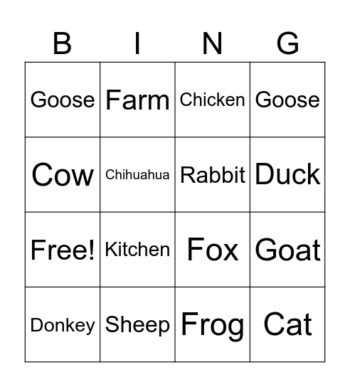 Farm Animal BING Bingo Card