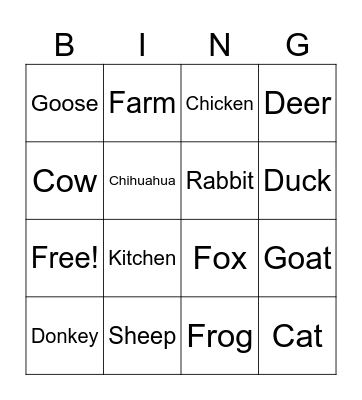 Farm Animal BING Bingo Card