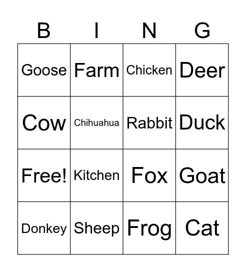 Farm Animal BING Bingo Card