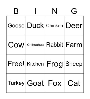 Farm Animal BING Bingo Card