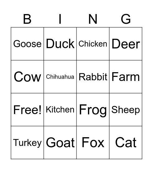 Farm Animal BING Bingo Card