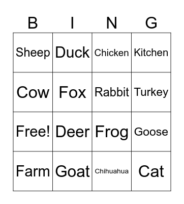 Farm Animal BING Bingo Card