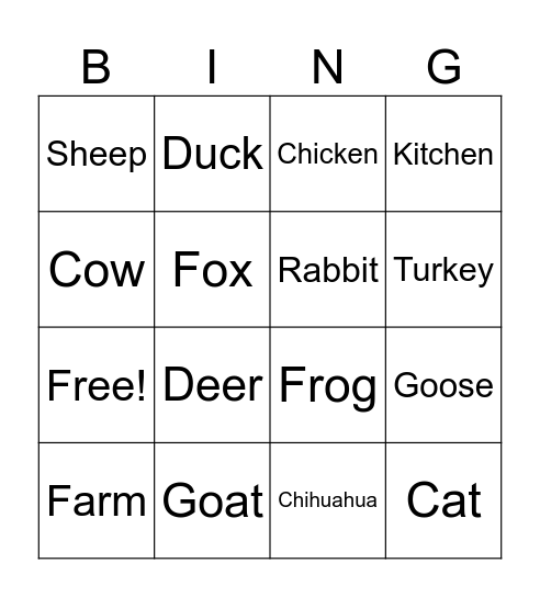 Farm Animal BING Bingo Card