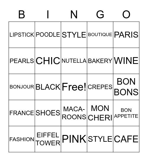 Paris Bingo Card