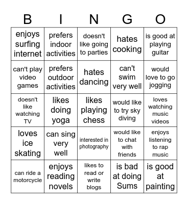 Interests & Hobbies Bingo Card