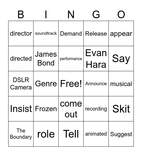 LIGHTS, CAMERA, ACTION Bingo Card